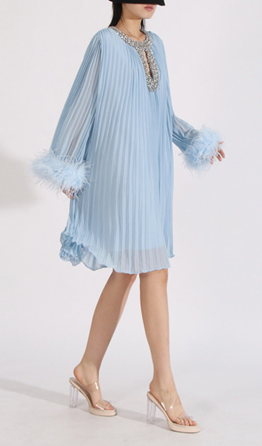Dazzling Sky Blue Pleated Mini Dress with Feather Cuffs & Crystal Neckline