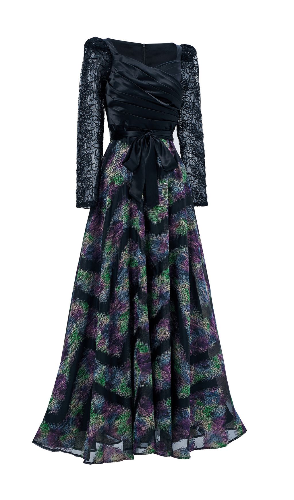 Elegant Ruched Bodice Maxi Dress with Lace Sleeves & Vibrant Abstract Skirt