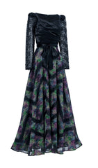 Elegant Ruched Bodice Maxi Dress with Lace Sleeves & Vibrant Abstract Skirt