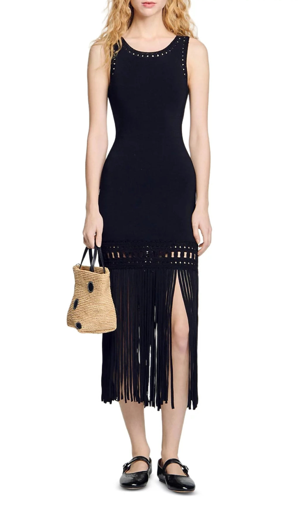 Chic Black Studded Neck Fringe Knit Midi Dress for Women