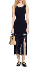 Chic Black Studded Neck Fringe Knit Midi Dress for Women