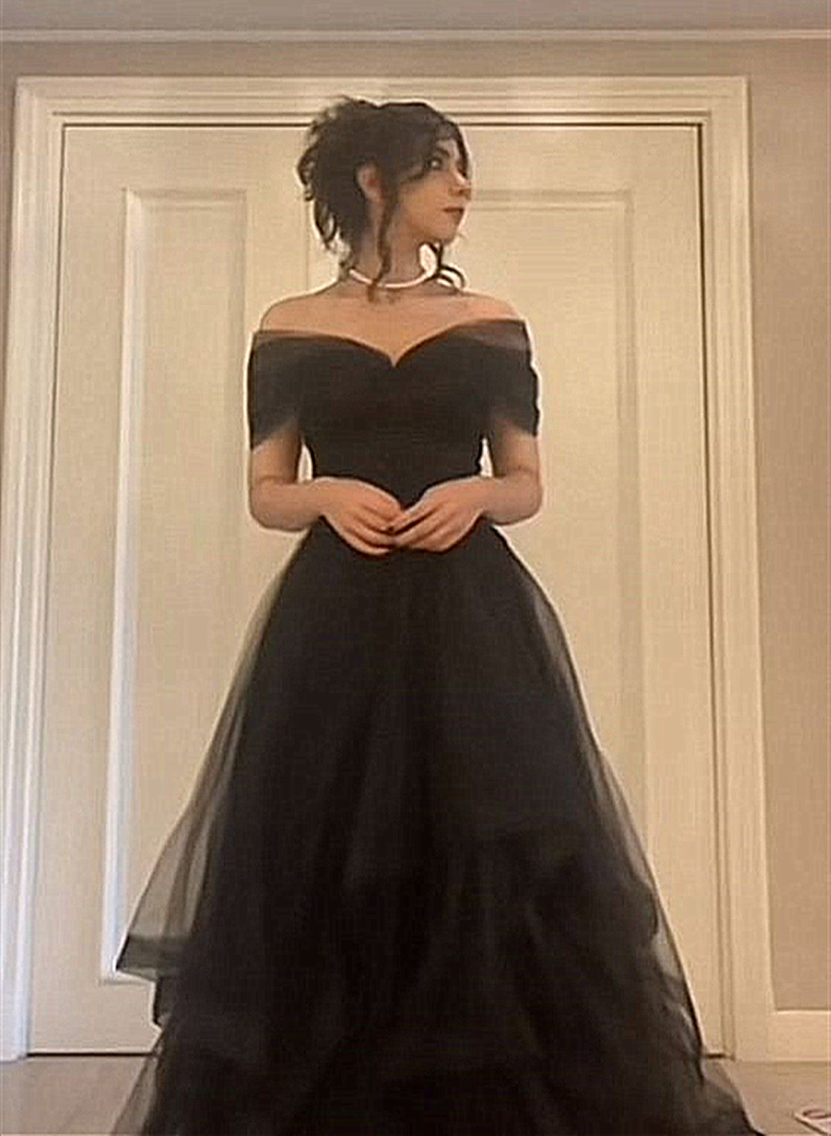 Black Tulle Sweetheart Off Shoulder Long Party Dress