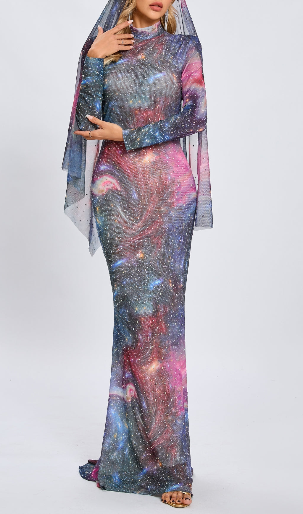 Casiphia Celestial Sparkle Galaxy Print Maxi Gown
