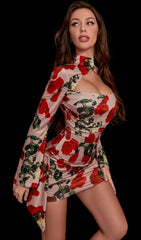 Sultry Rose Print Cut Out Draped Mini Dress
