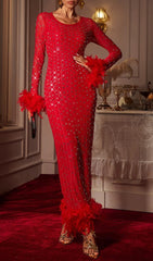Chardea Red Rhinestone Feather Maxi Dress