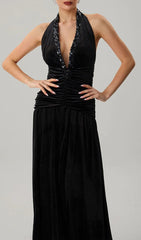 Faro Elegant Black Halterneck Ruched Maxi Dress