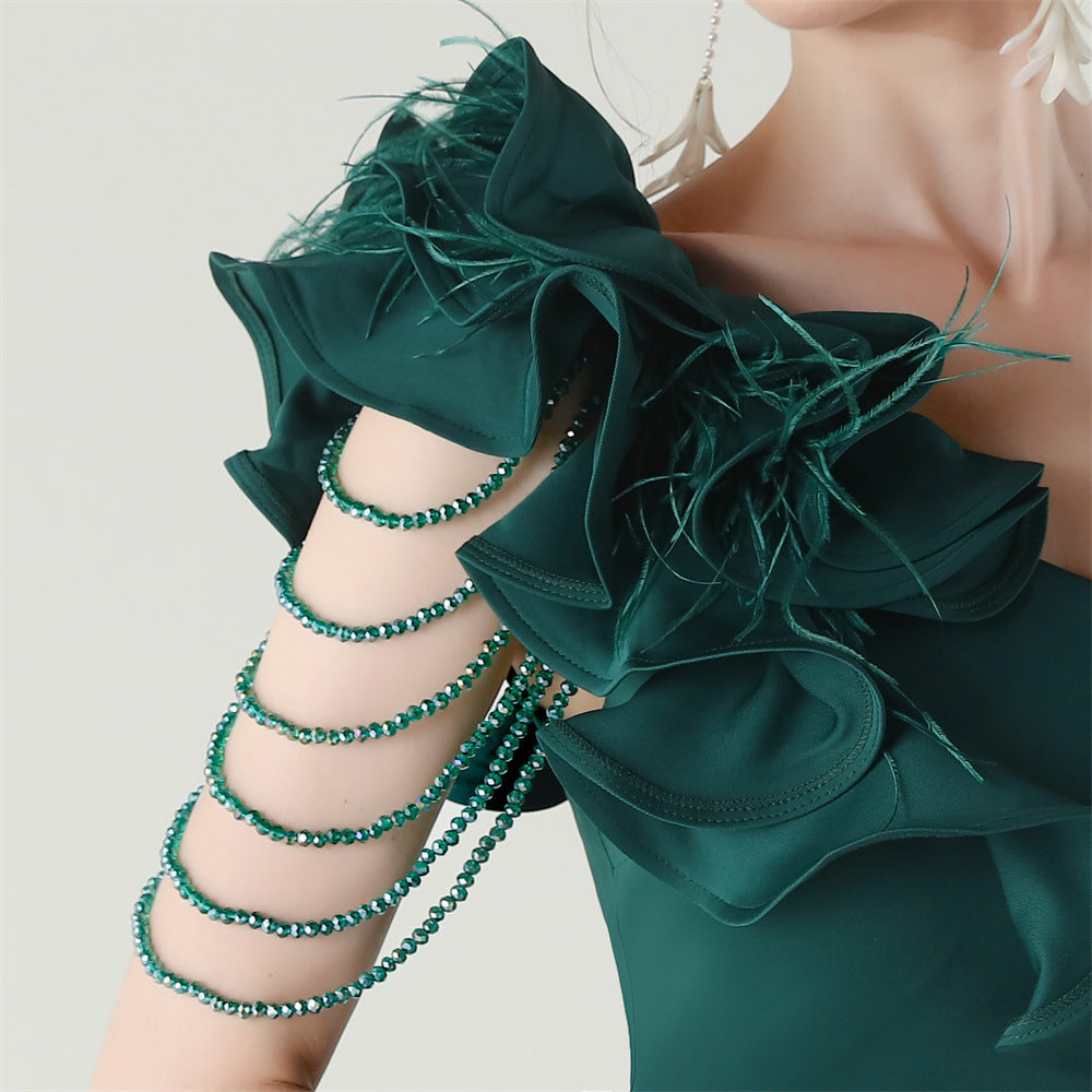 Ijlal Emerald Green One-Shoulder Ruffle Slit Maxi Gown