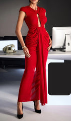 Drosyne Red Keyhole Cutout Ruched Maxi Dress