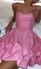 Glamorous Pink Satin Halter Mini Dress with Voluminous Ruffle Skirt