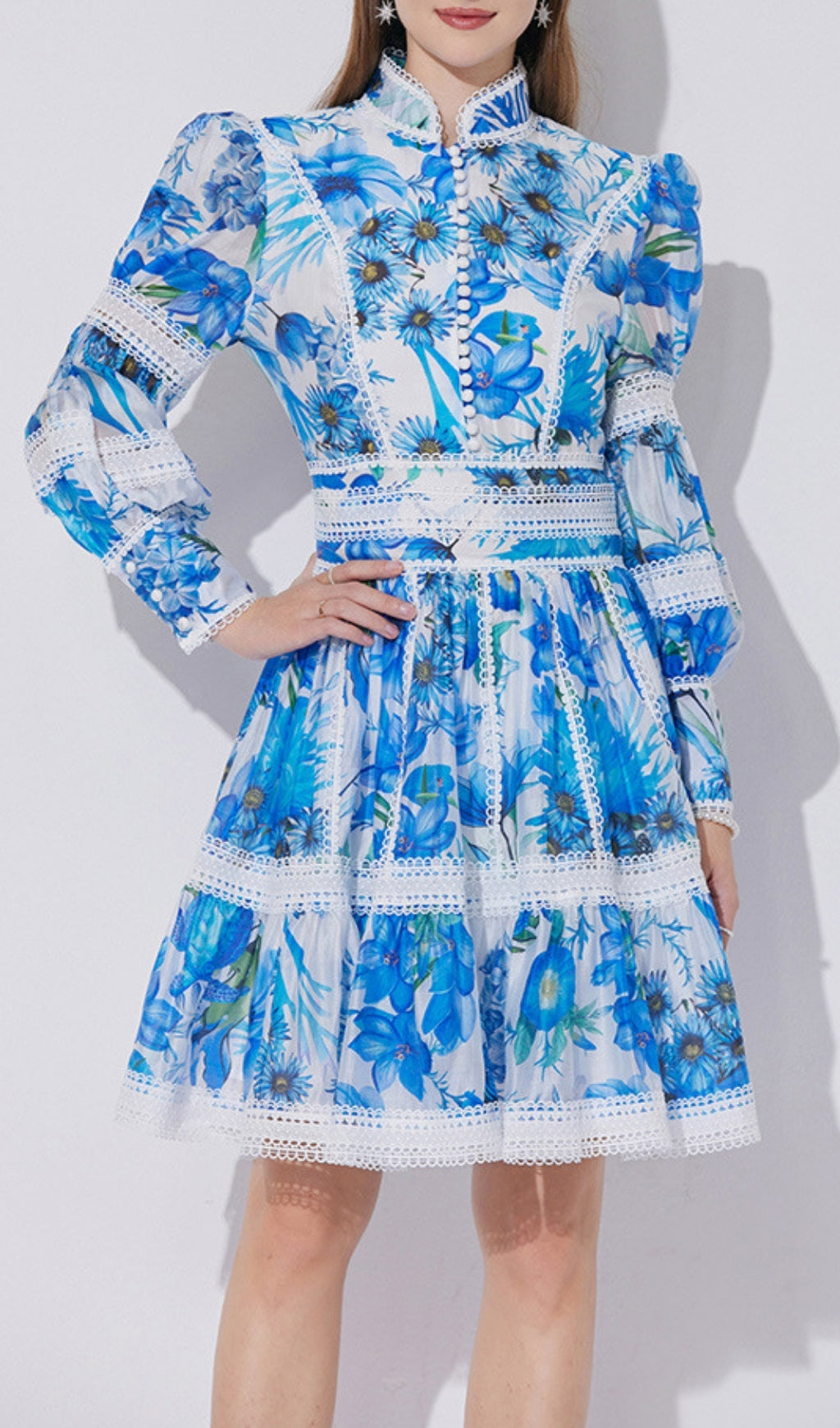 Erlene Chic Blue Floral Long Sleeve Tiered Mini Dress with Lace Trim