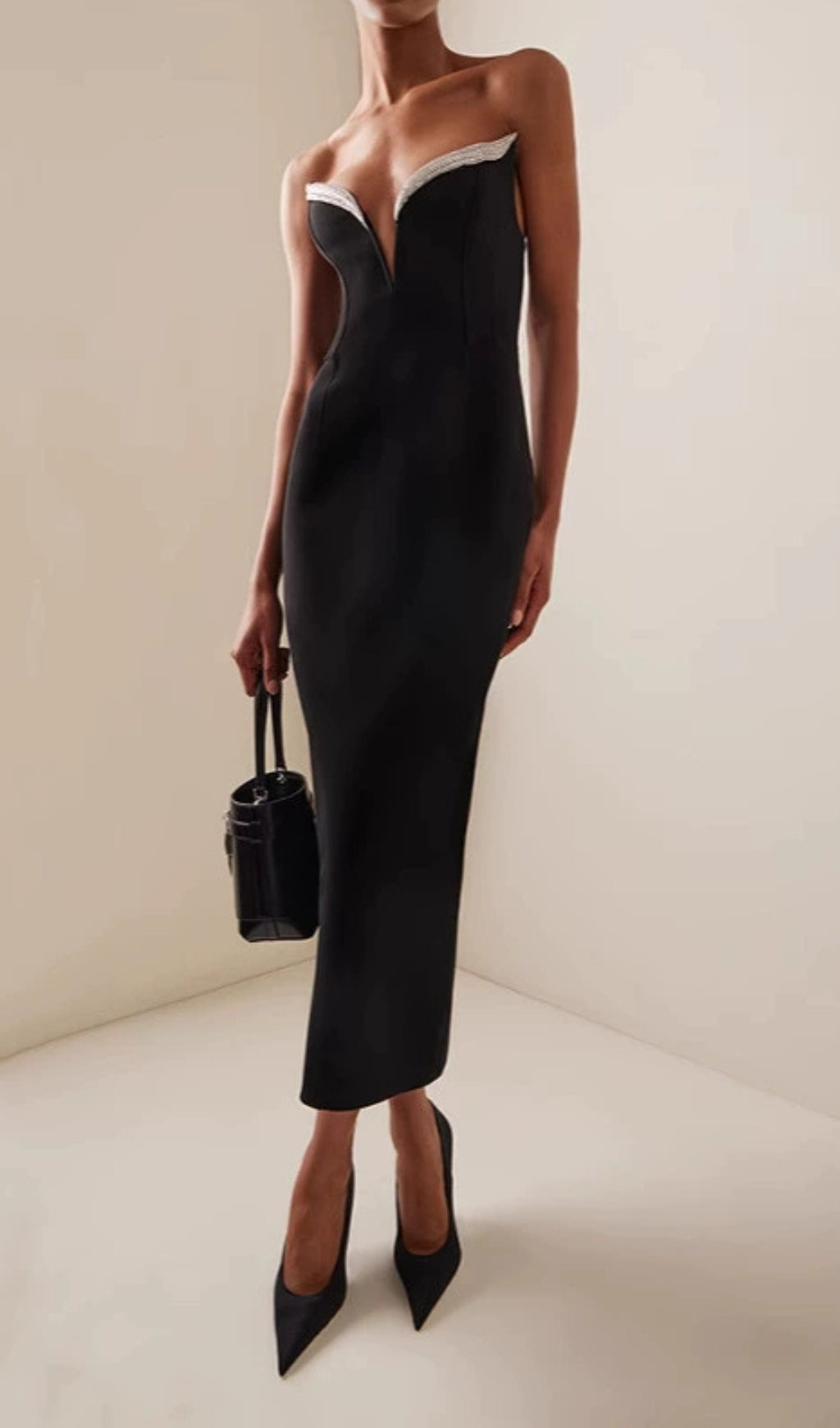 Emmy Black Diamond V-Neck Strapless Bodycon Maxi Dress