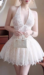 Eldora Chic White Lace Halter Mini Dress