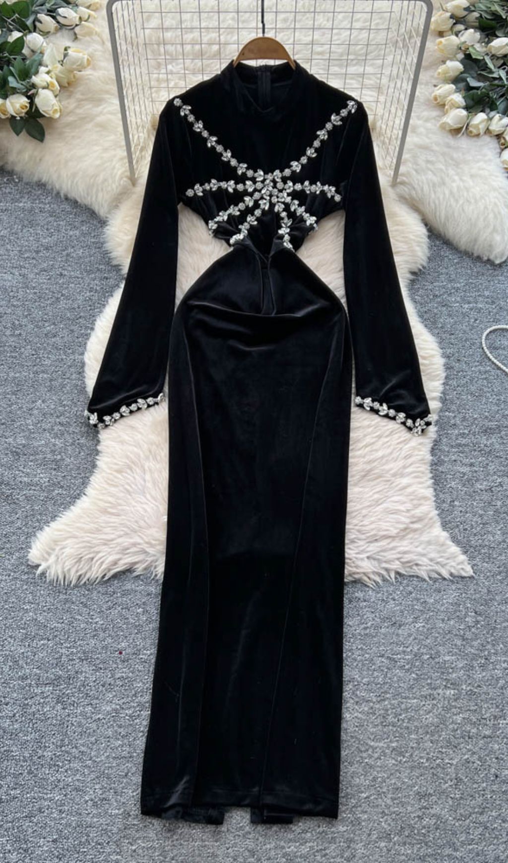 Isanne Velvet & Diamante Long Sleeve Maxi Dress