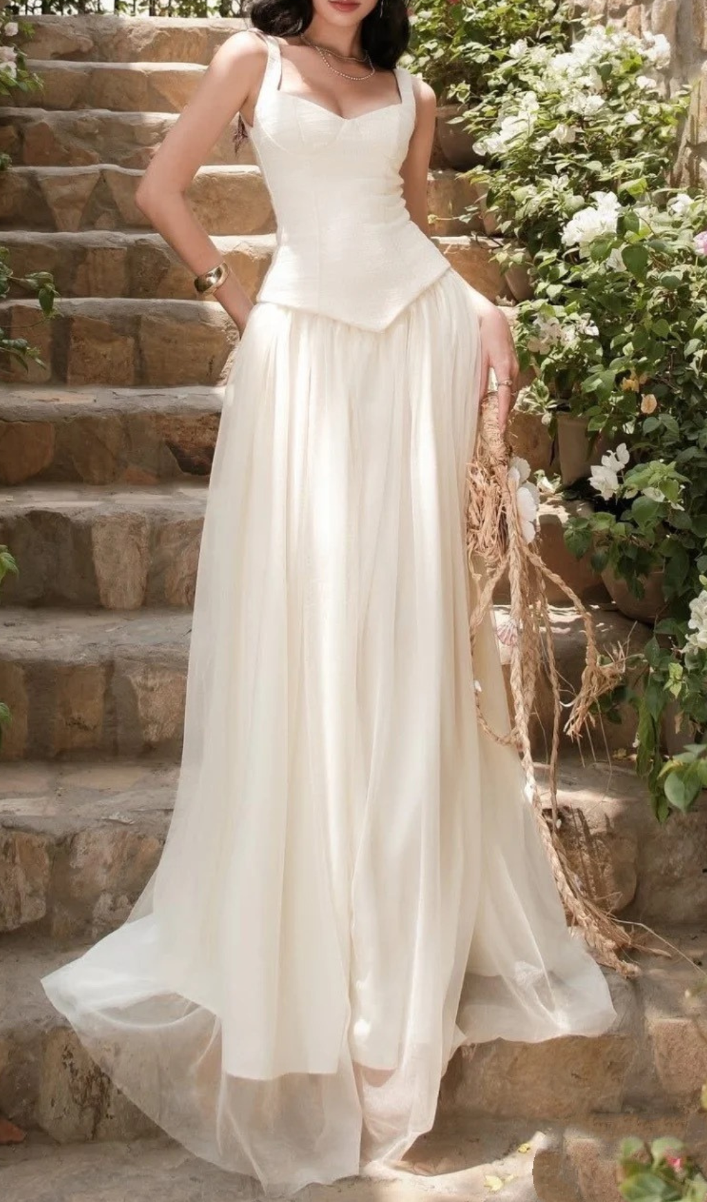Gallia Ivory Strappy Mesh Maxi Gown