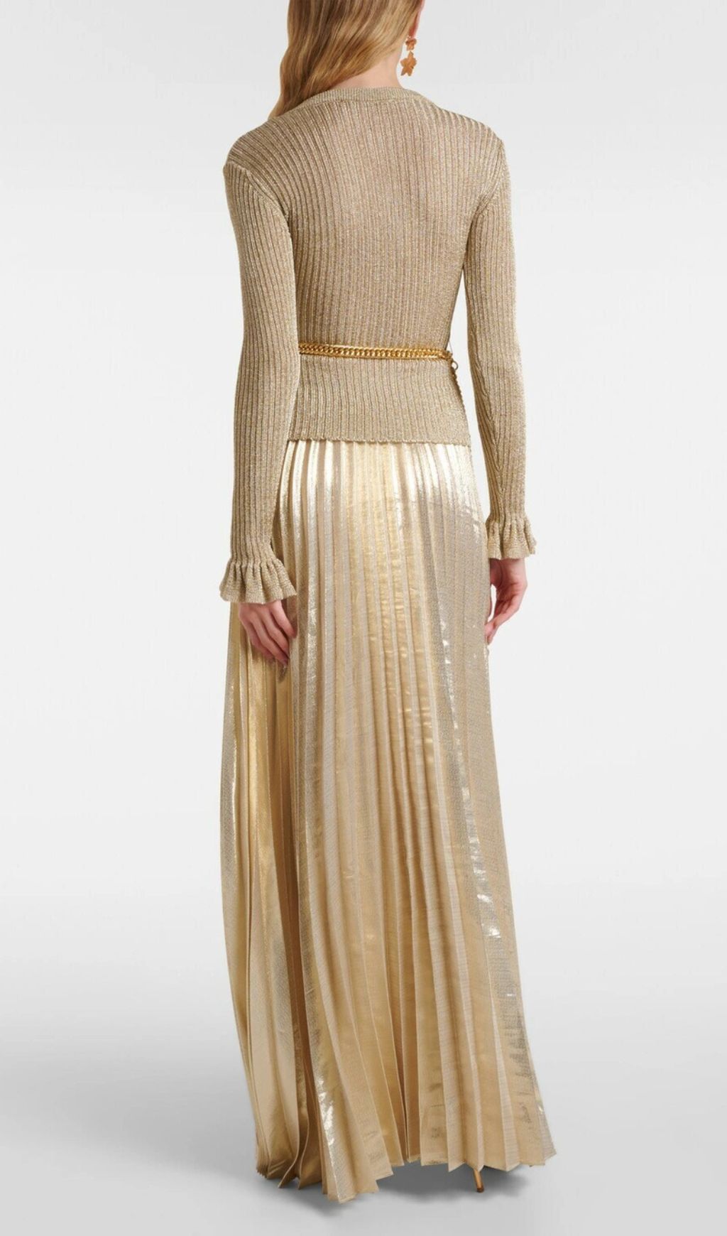 Glamorous Gold Lurex Ribbed Knit Maxi Dress with Statement Chain Belt