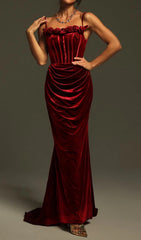 Chimene Wine Velvet Floral Corset Maxi Gown