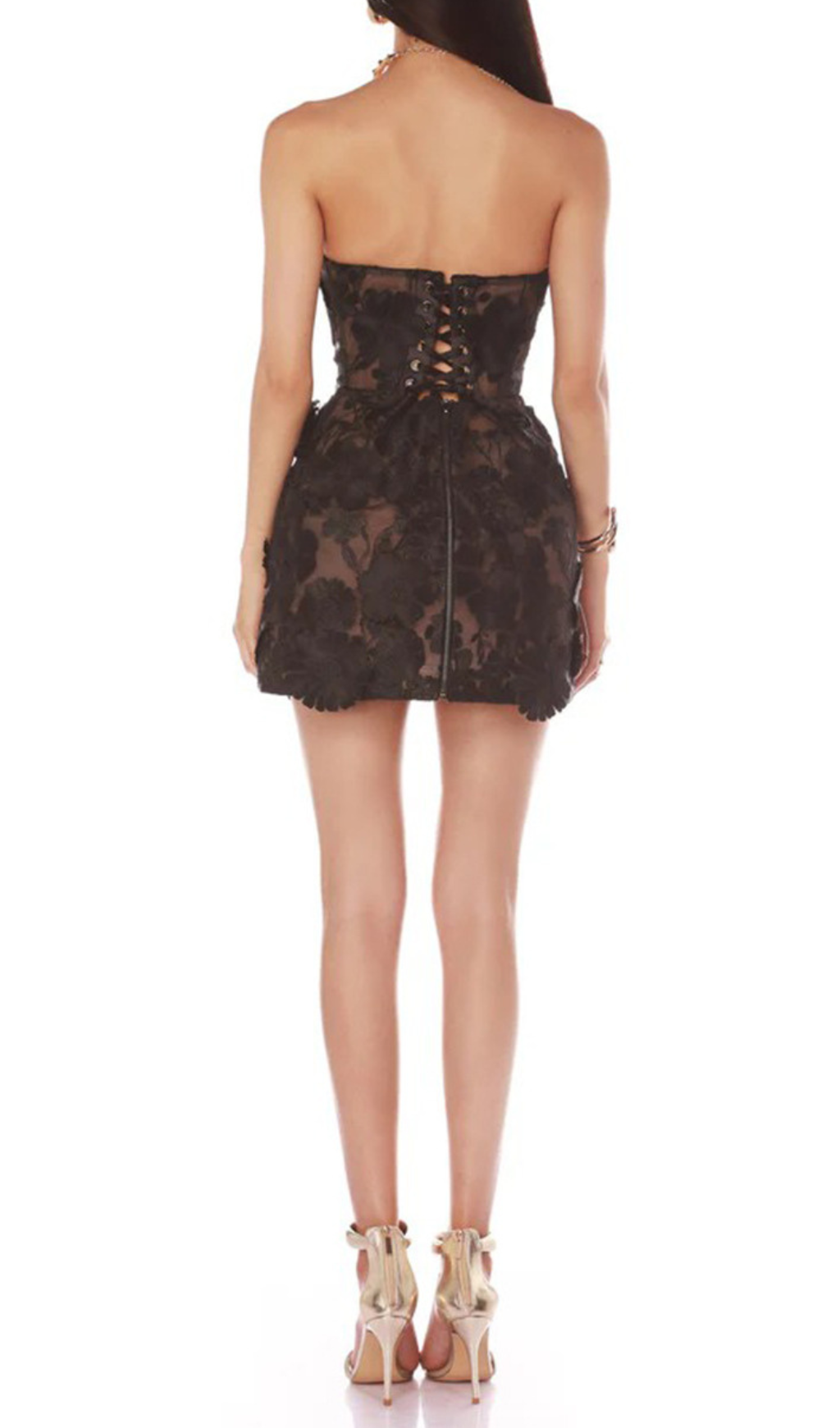 Enya Black Strapless 3D Floral Mini Dress