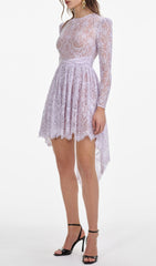 Romantic Lilac Lace High-Low Mini Dress with Satin Waist