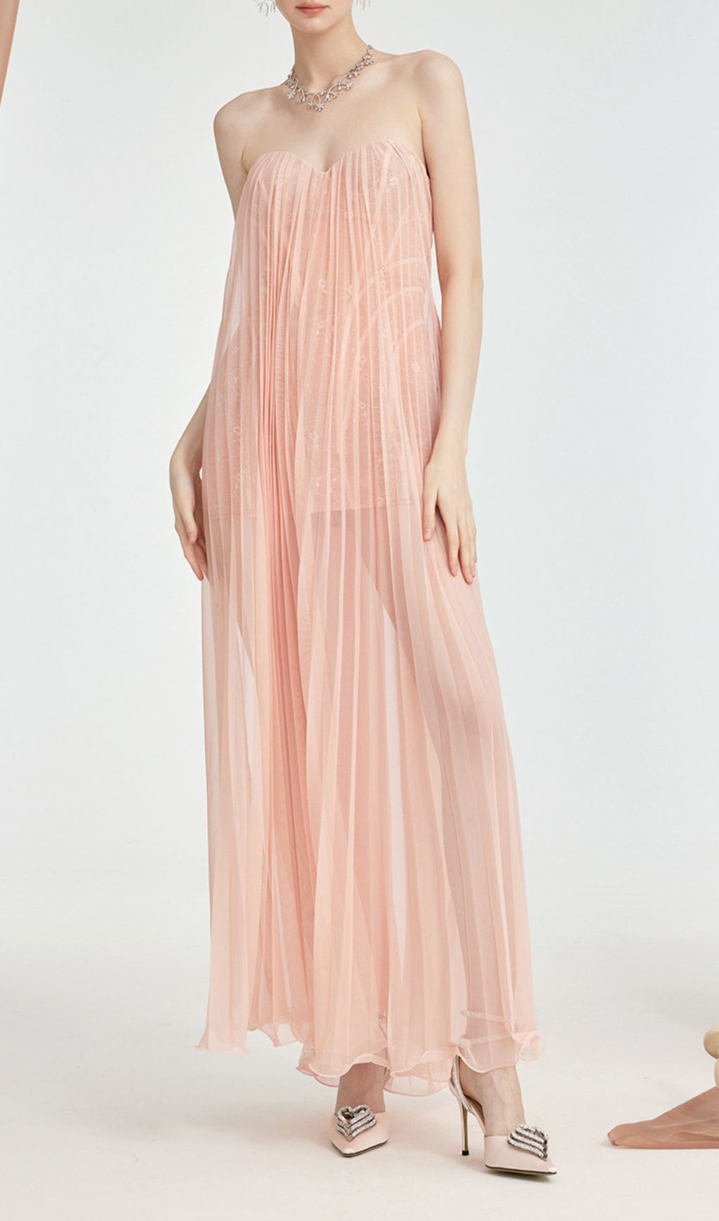 Ethereal Fintan Blush Pink Strapless Pleated Mesh Maxi Dress