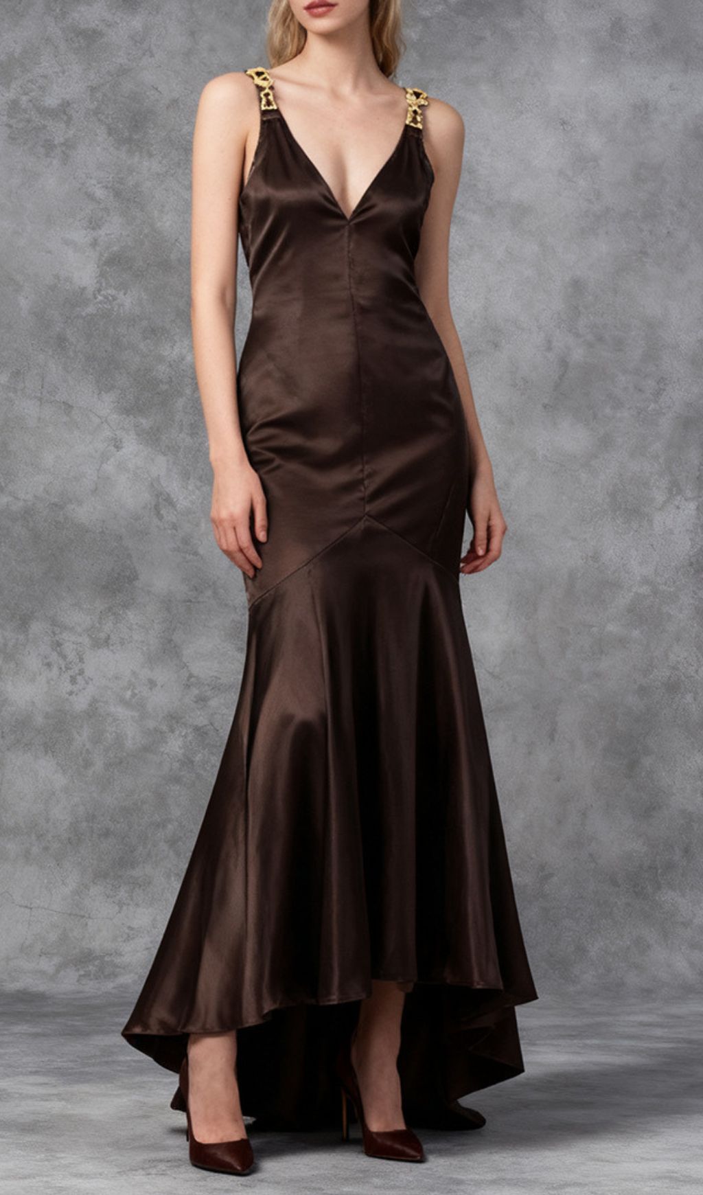 Jase Luxe Brown Satin V-Neck Maxi Gown with Embellished Straps