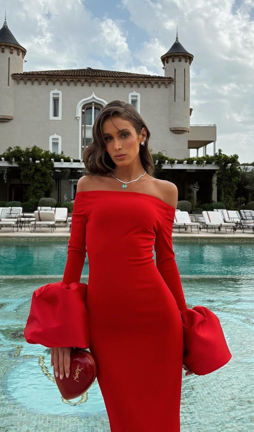 Chelsi Red Off-Shoulder Glamour Maxi Gown with Voluminous Statement Sleeves