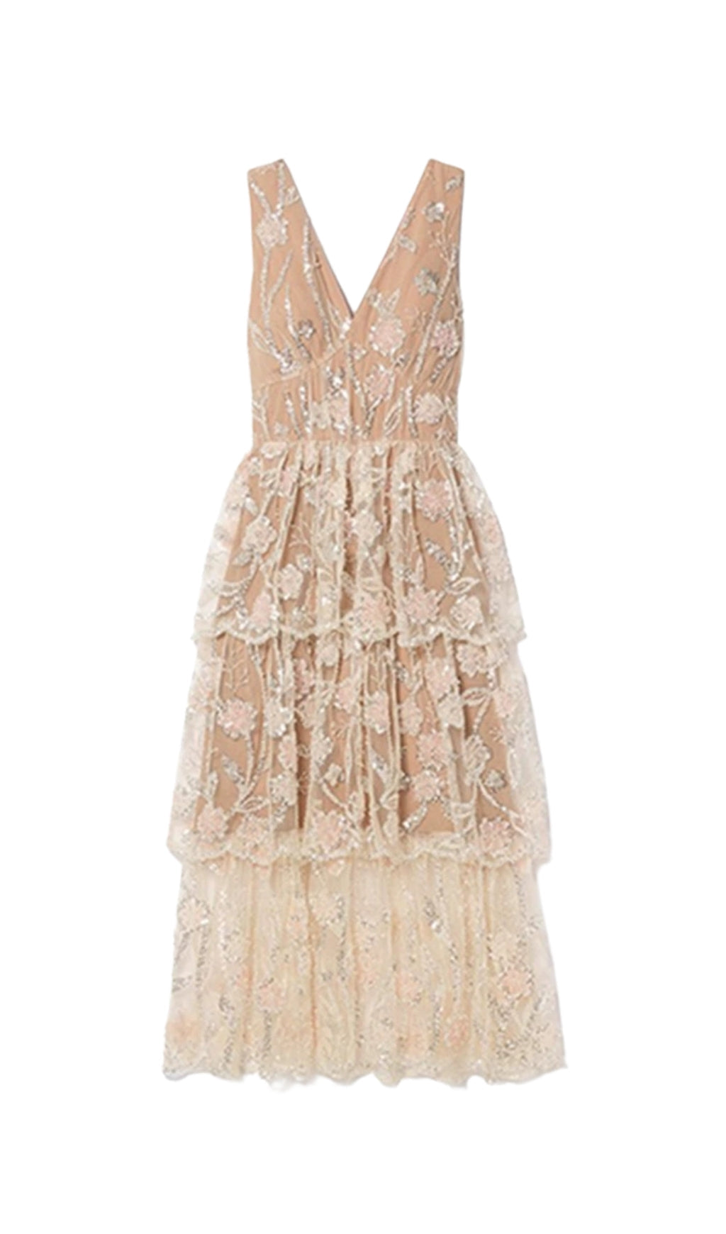 Eartha V-Neck Embroidered Sequin Midi Dress