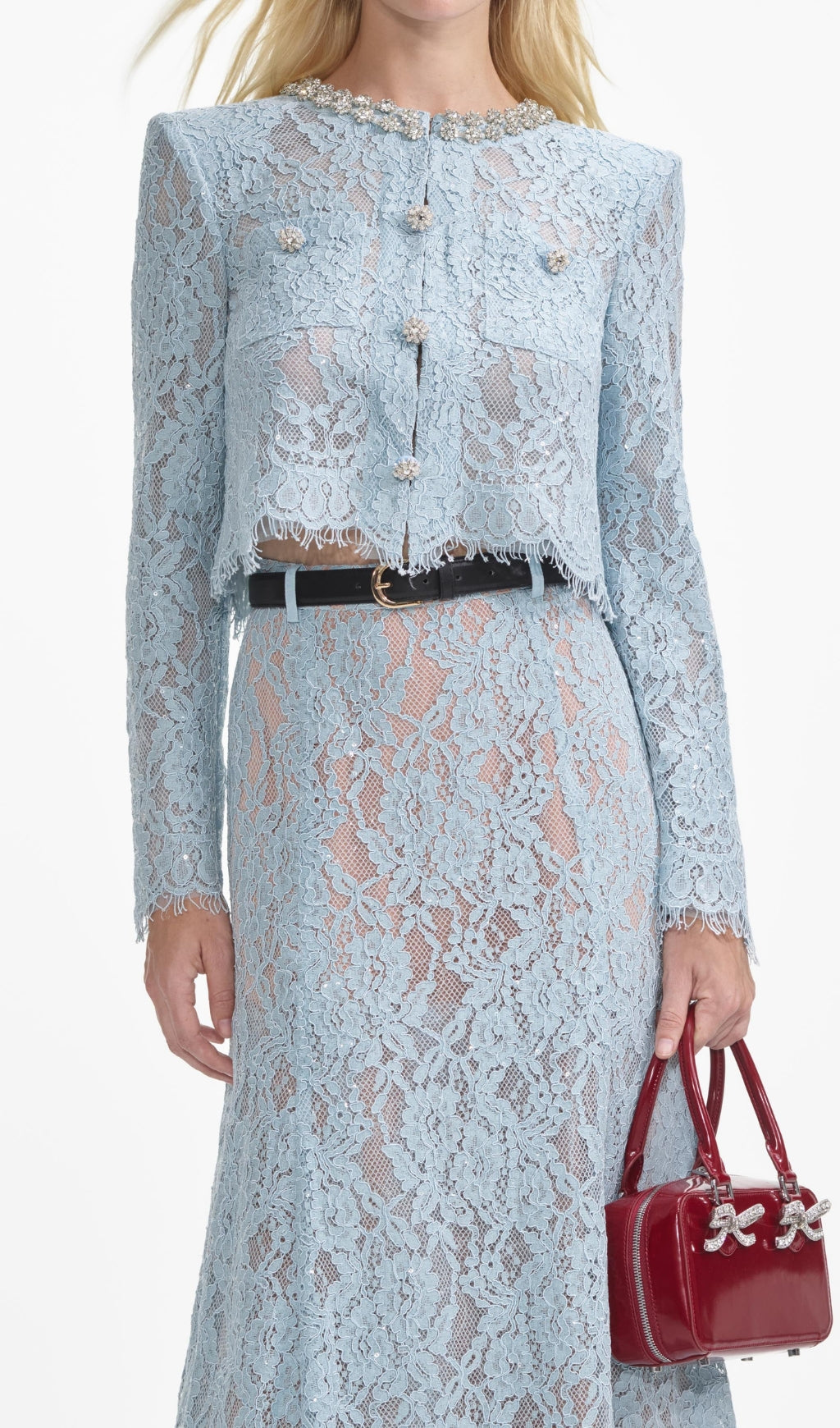 Chic Embellished Baby Blue Lace Two-Piece Set