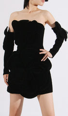 Ceren Black Floral Applique Strapless Mini Dress with Matching Gloves