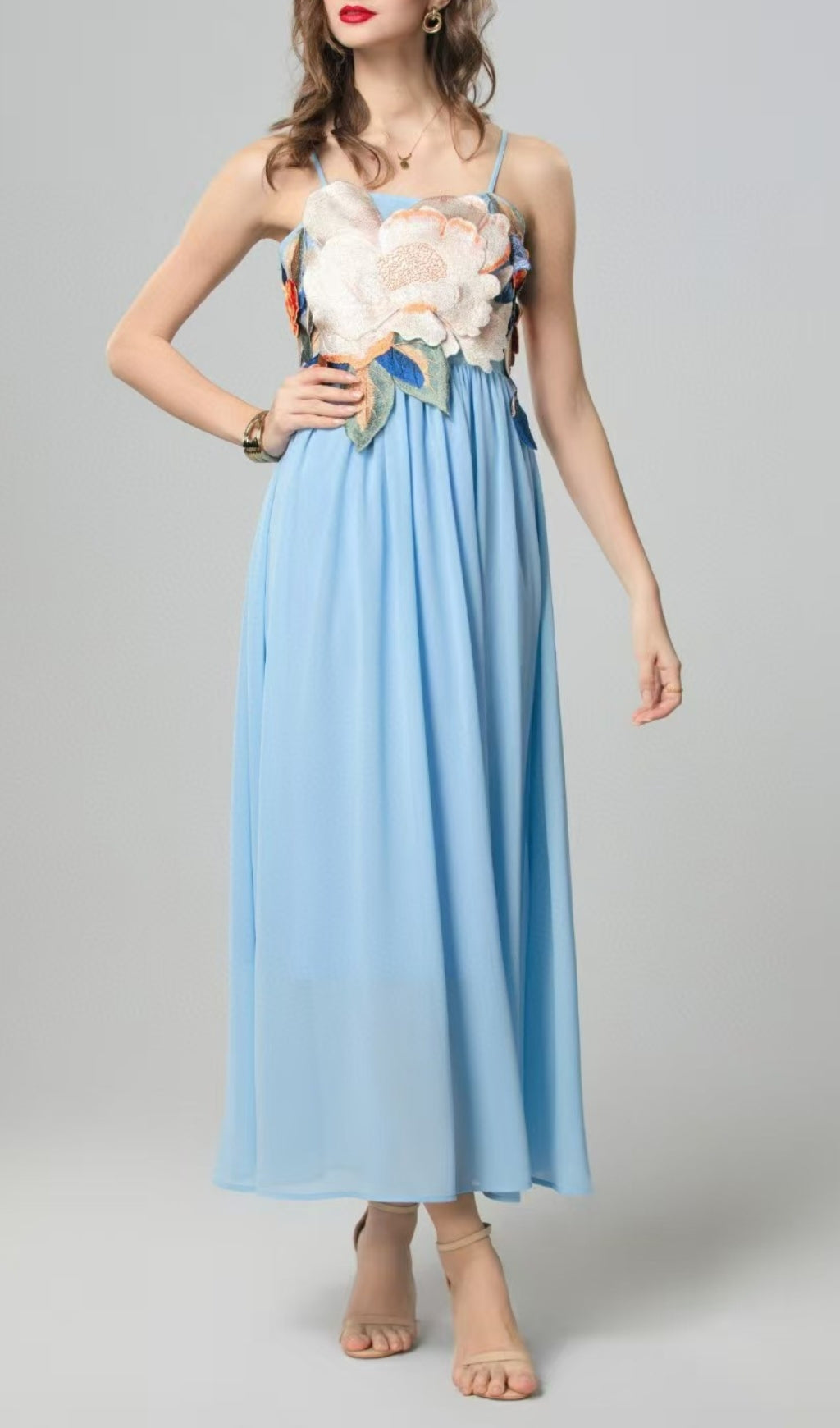Emanuele Blue Floral Embroidered Maxi Dress