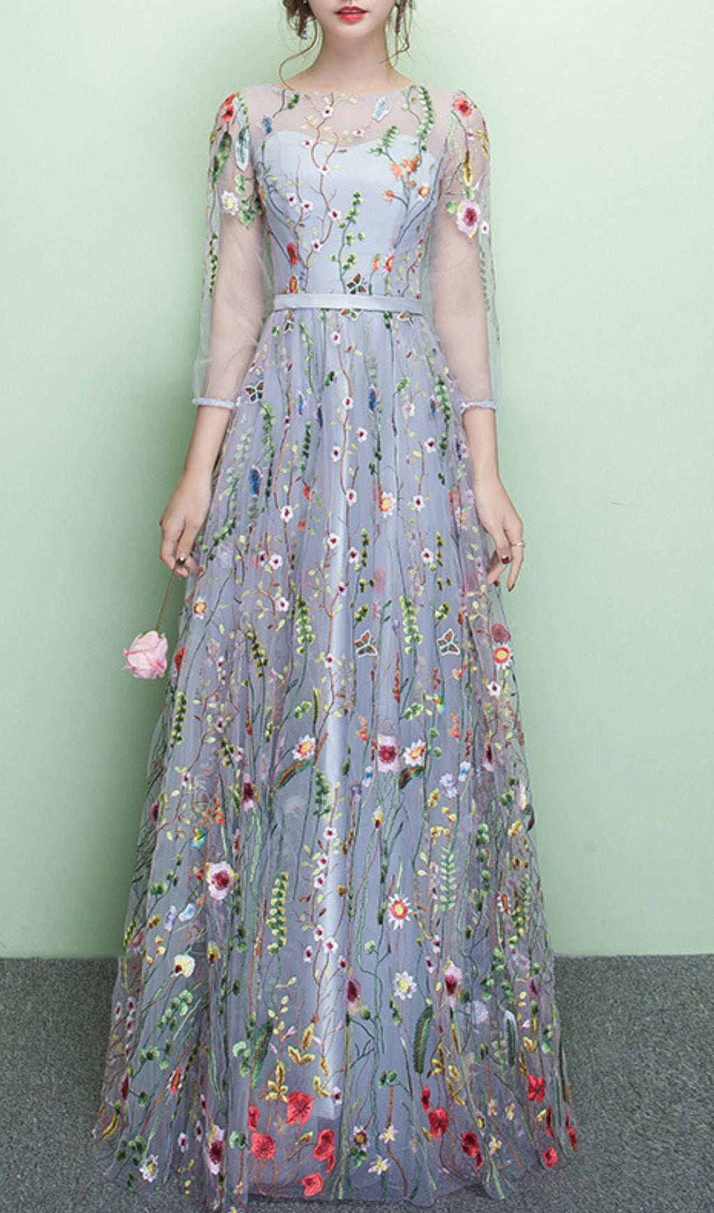 Dannell Enchanting Periwinkle Floral Embroidered Tulle Maxi Dress