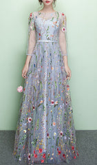 Dannell Enchanting Periwinkle Floral Embroidered Tulle Maxi Dress