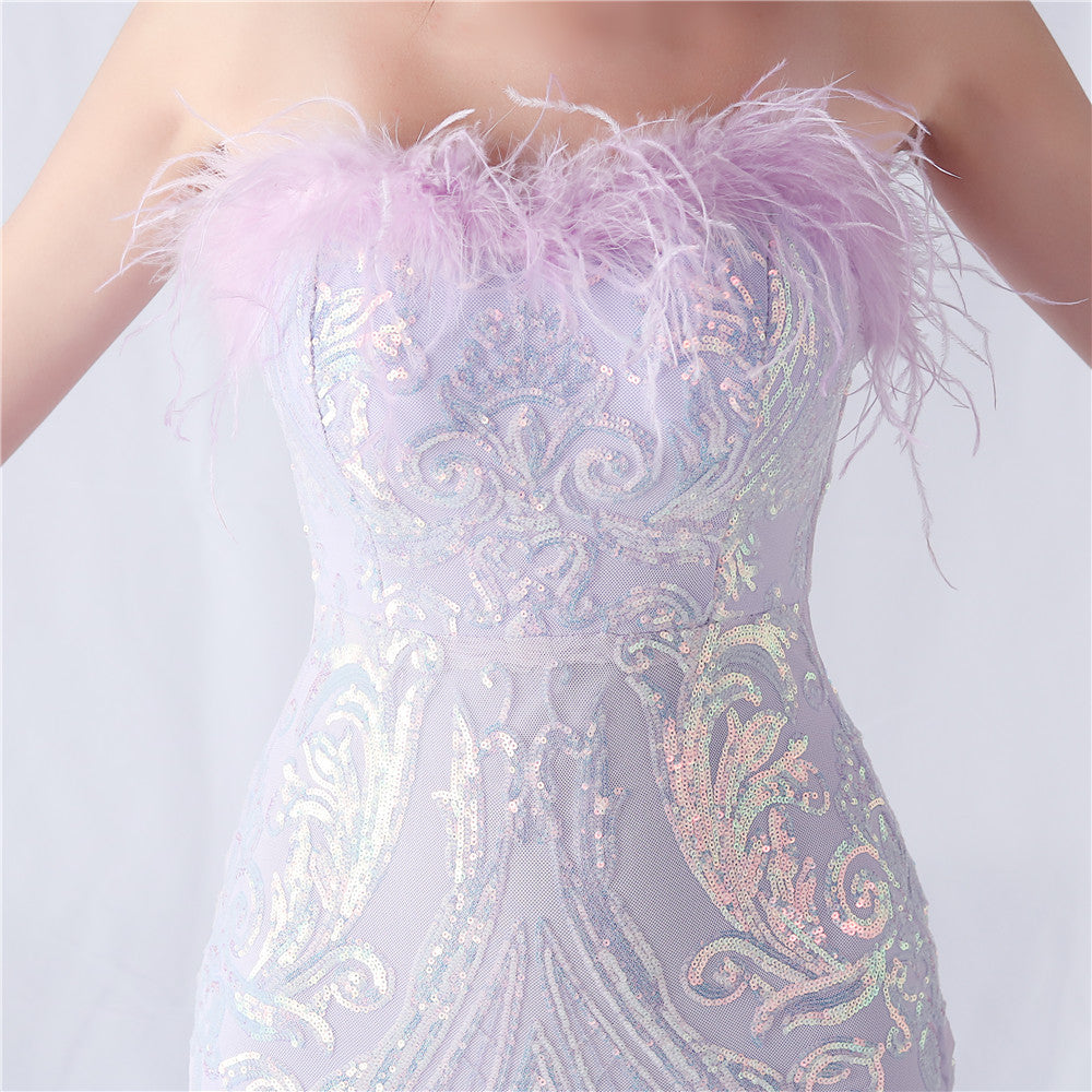 Choire Lavender Sequin Feather Strapless Maxi Dress