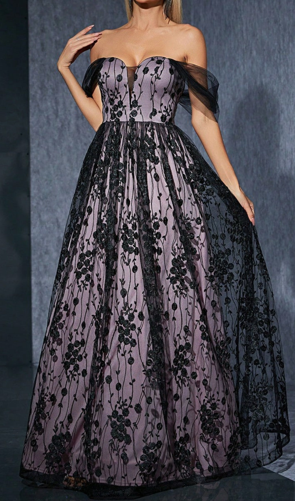 Darrah Enchanting Black Floral Lace Off-Shoulder Maxi Dress