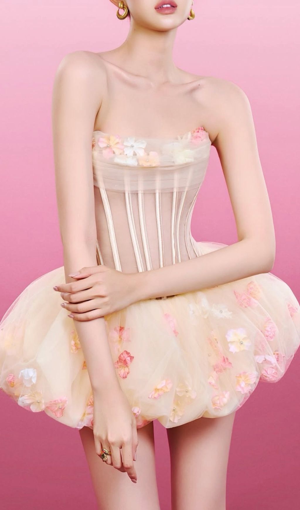 Jess Enchanting Strapless Corset Floral Tulle Mini Dress