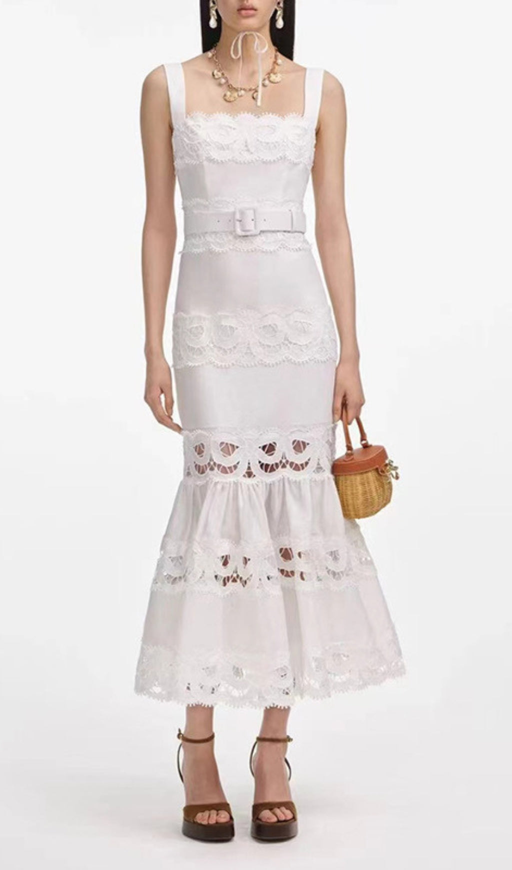 Everly Chic White Embroidered Lace Belted Midi Dress