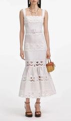 Everly Chic White Embroidered Lace Belted Midi Dress