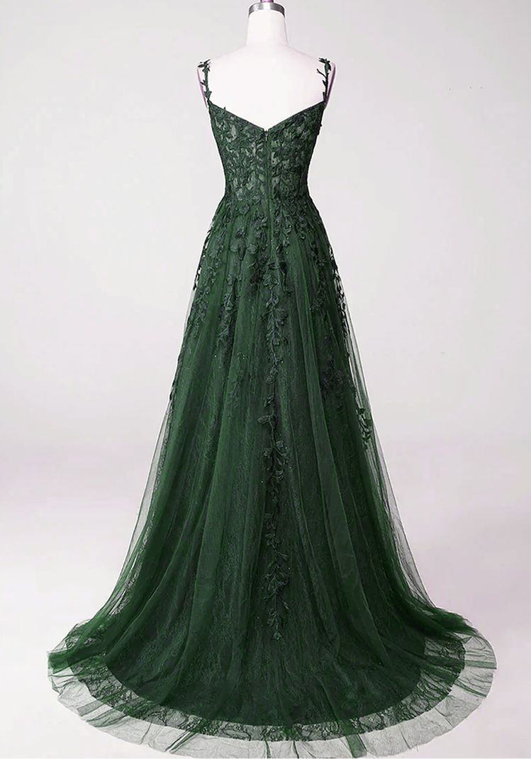 Vestido de fiesta elegante de tul con tirantes verdes y encaje 