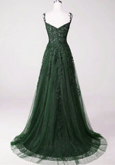 Vestido de fiesta elegante de tul con tirantes verdes y encaje 