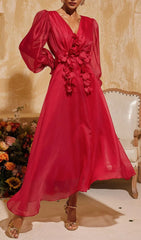 Tristen Elegant Red 3D Floral V-Neck Midi Dress with Sheer Sleeves