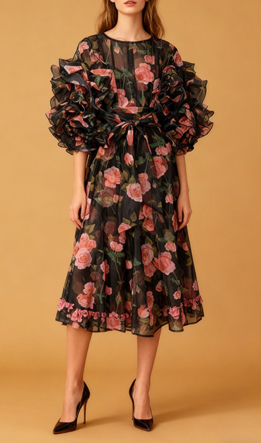 Jordin Romantic Ruffle Sleeve Floral Midi Dress