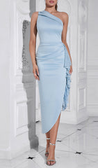 Caridad Elegant Blue One-Shoulder Lace Ruffle Midi Dress