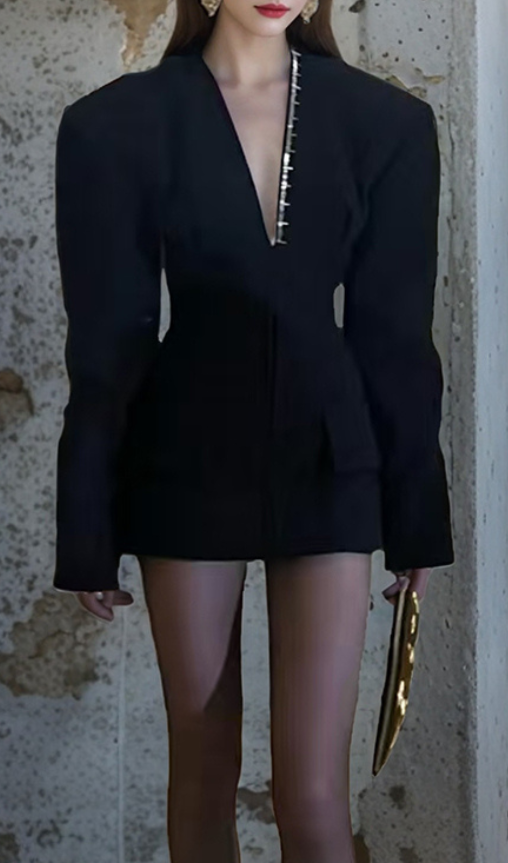 Gyan Black Power Shoulder Mini Blazer Dress with Edgy Stud Detail