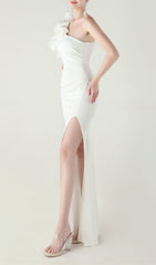 Ijlal Glamorous White One-Shoulder Ruffle Slit Maxi Dress