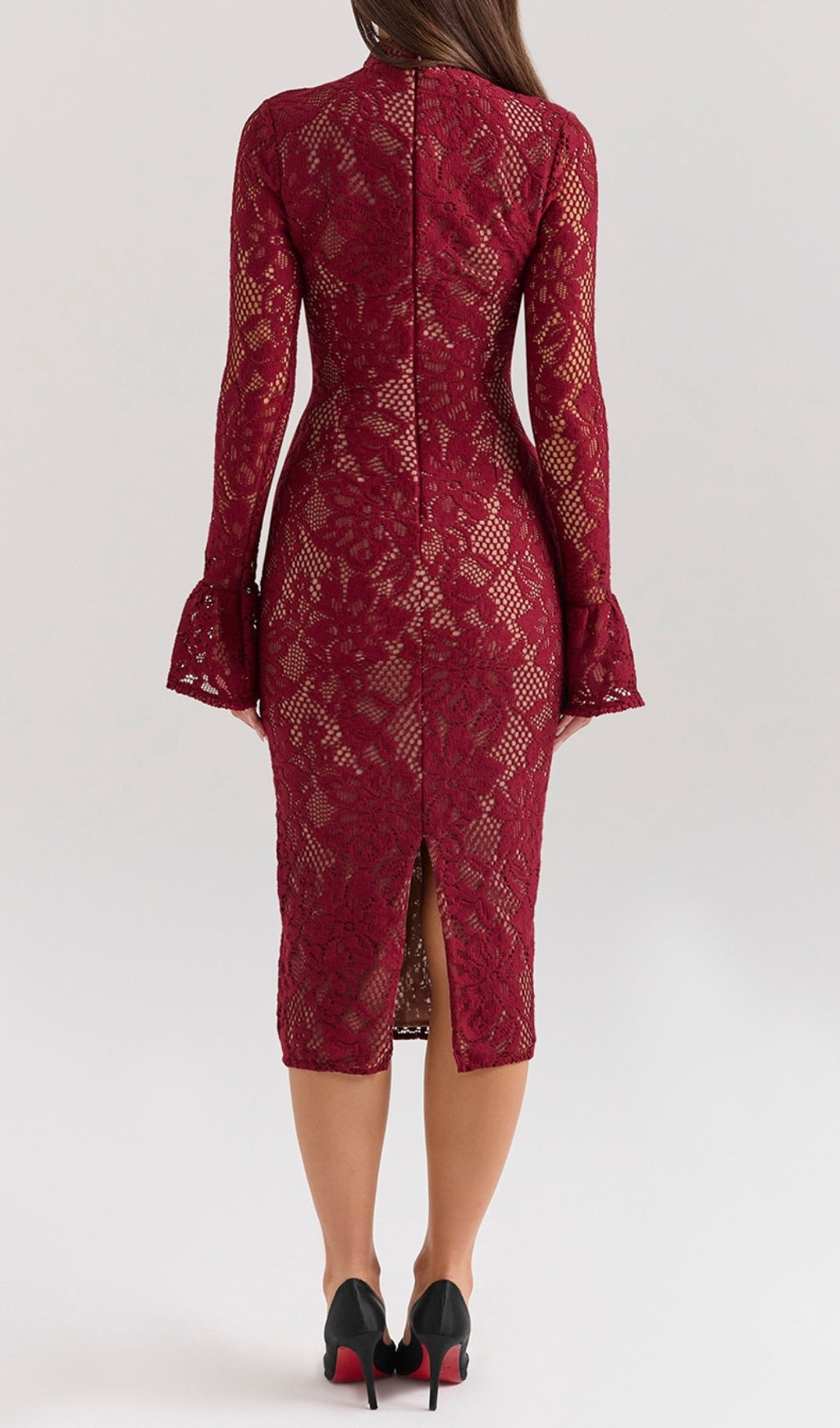 Elegant Red Lace Long Sleeve Midi Dress