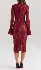 Elegant Red Lace Long Sleeve Midi Dress