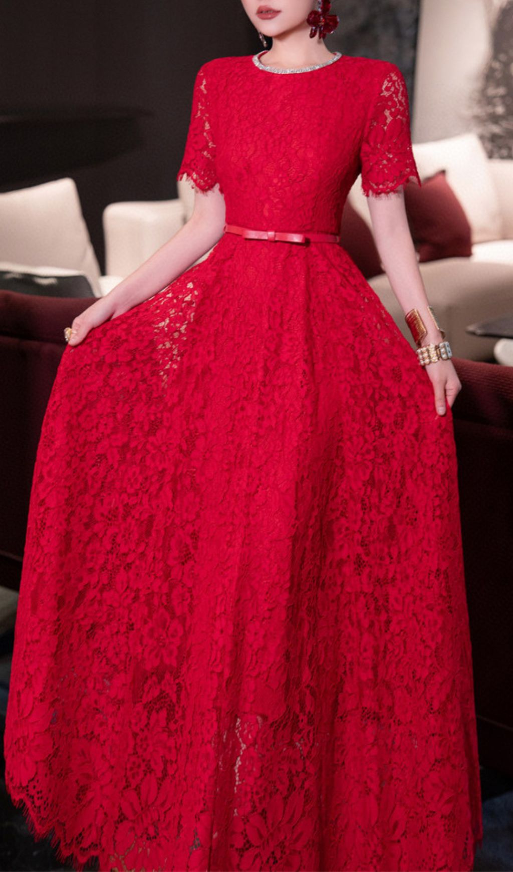 Stunning Hilary Red Lace Midi Dress