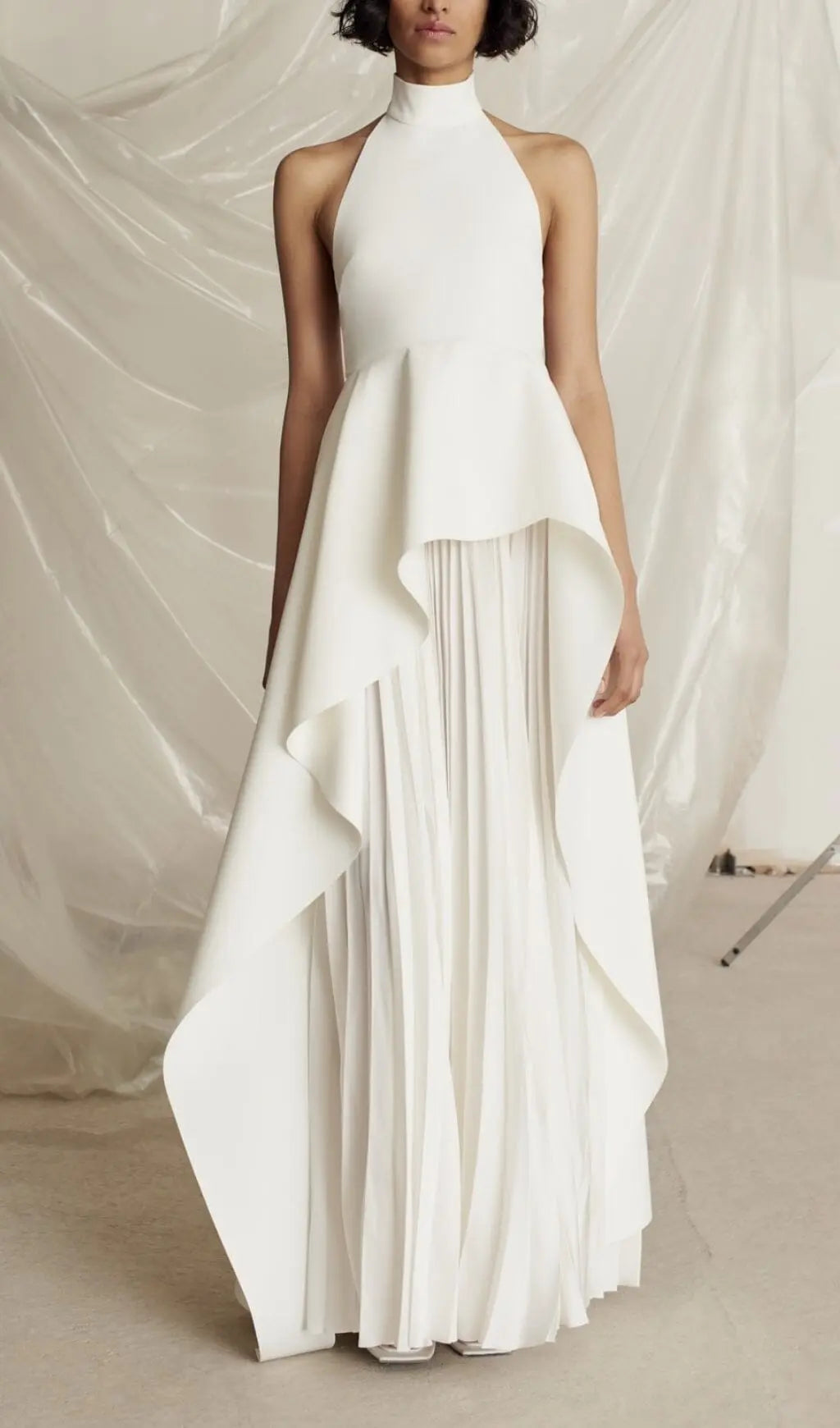 Elegant White Halter Neck Maxi Dress with Sculpted Peplum & Pleated Skirt