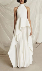 Elegant White Halter Neck Maxi Dress with Sculpted Peplum & Pleated Skirt