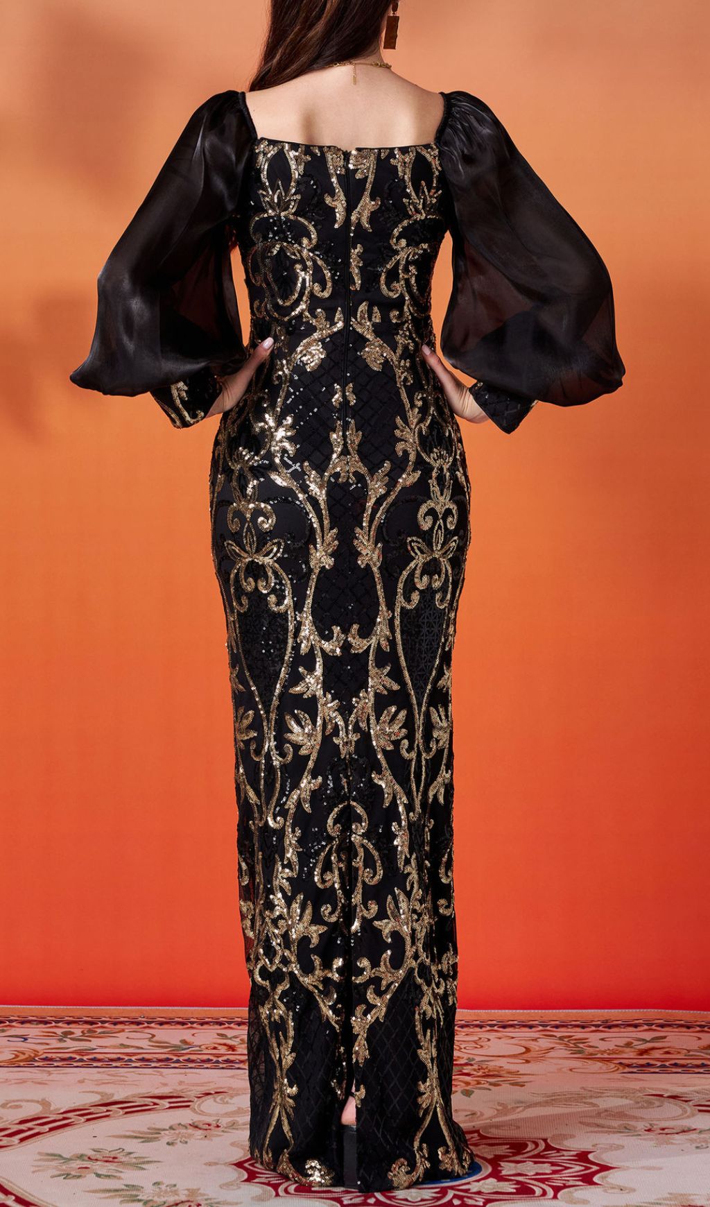 Floyce Black & Gold Sequin Long Sleeve Formal Maxi Dress