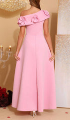 Hạnh Elegant Pink One-Shoulder Maxi Dress with 3D Floral Appliques